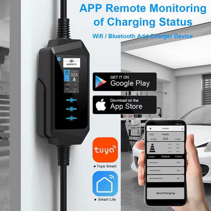 Carregador Portátil 7 kw - 32A - C/ APP - Suporte Parede - Saco Transporte 4