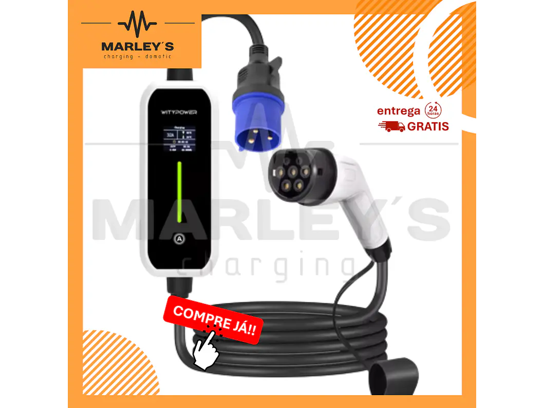 Carregador Portátil 7 kW | 32A | 5 Metros | Ecrã LCD | Suporte Parede | Saco Transporte 1