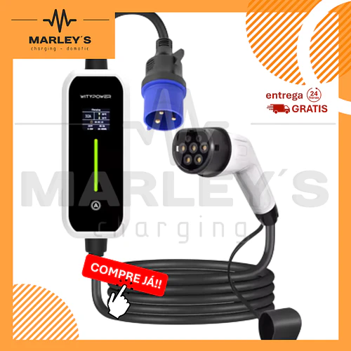 Carregador Portátil 7 kW | 32A | 5 Metros | Ecrã LCD | Suporte Parede | Saco Transporte