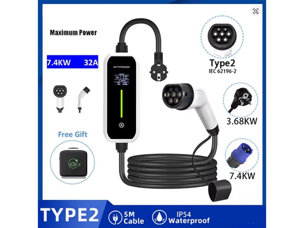 Carregador Portátil 7 kW | 32A | 5 Metros | Ecrã LCD | Suporte Parede | Saco Transporte 2