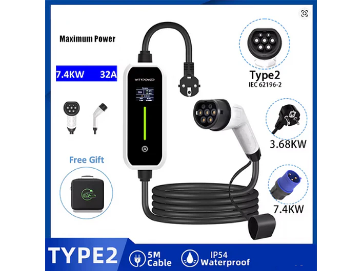 Carregador Portátil 7 kW | 32A | 5 Metros | Ecrã LCD | Suporte Parede | Saco Transporte 2
