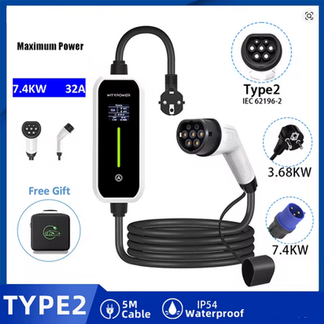 Carregador Portátil 7 kw - 32A - c/ Bolsa Transporte - 5 metros cabo 2