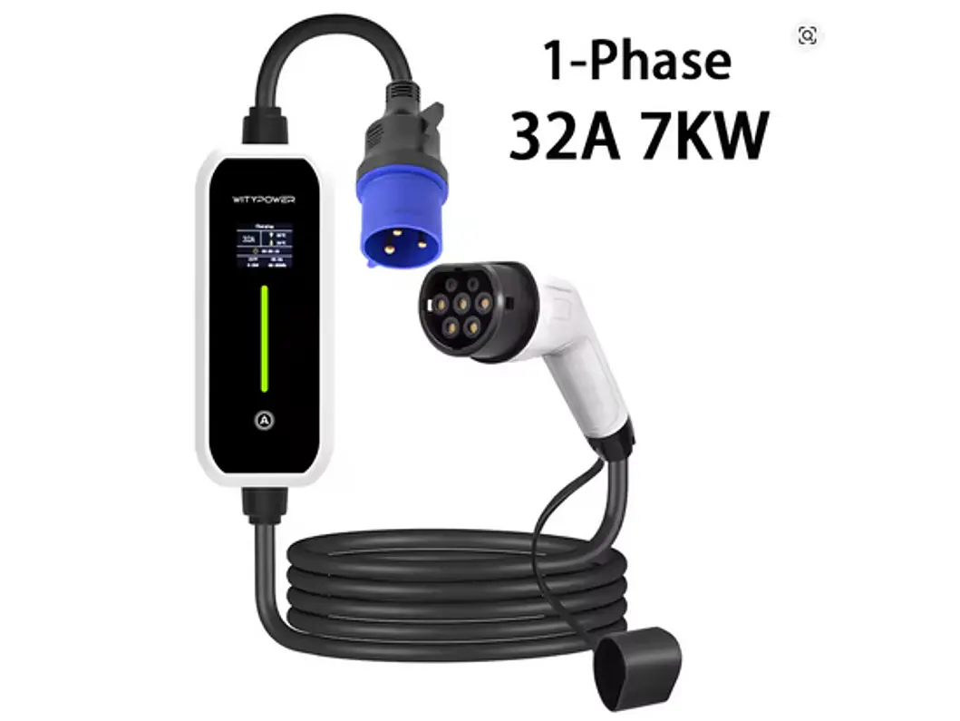 Carregador Portátil 7 kW | 32A | 5 Metros | Ecrã LCD | Suporte Parede | Saco Transporte 4