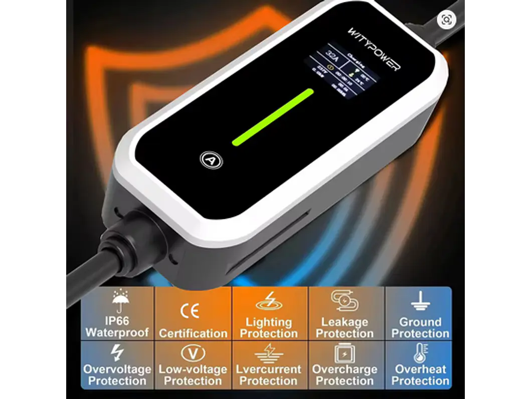 Carregador Portátil 7 kW | 32A | 5 Metros | Ecrã LCD | Suporte Parede | Saco Transporte 5