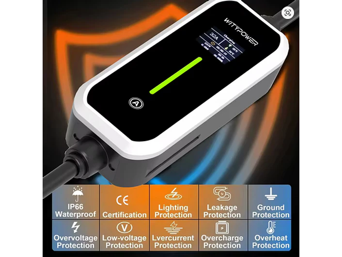 Carregador Portátil 7 kW | 32A | 5 Metros | Ecrã LCD | Suporte Parede | Saco Transporte 5