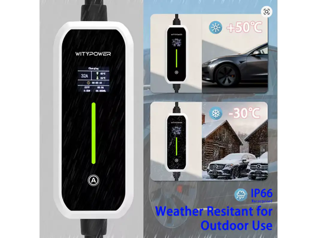 Carregador Portátil 7 kW | 32A | 5 Metros | Ecrã LCD | Suporte Parede | Saco Transporte 9