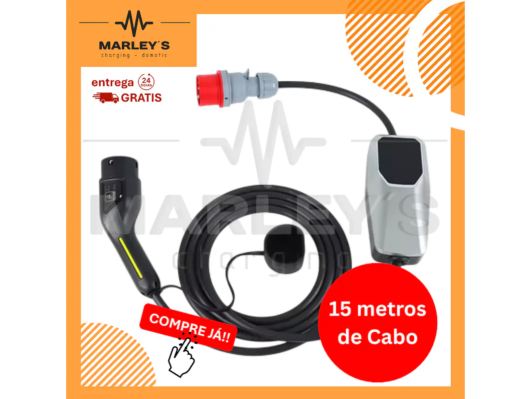 Carregador Portátil 11 kW | 16A | 15 Metros | Ecrã LCD | Corrente Ajustável | Delay 1