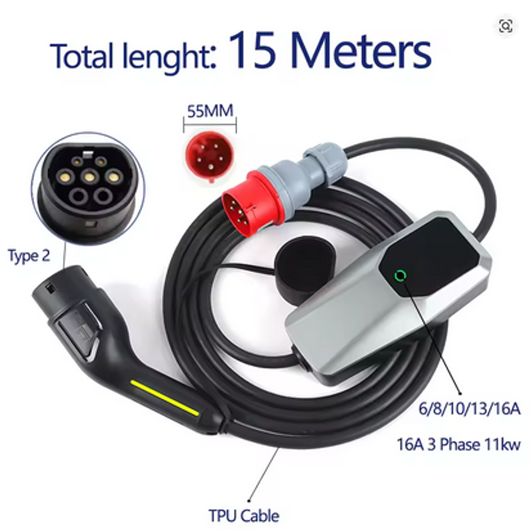 Carregador Portátil Veiculos Eletricos/ Hibridos 11 kw - 16A - 15 METROS DE CABO 4