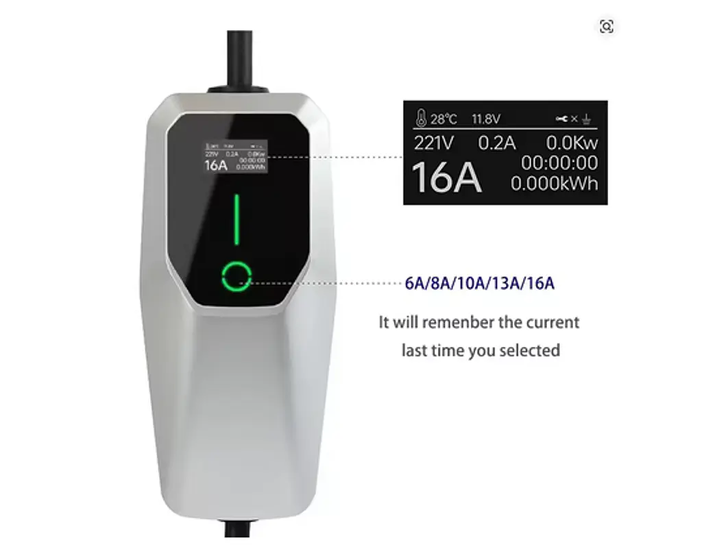 Carregador Portátil 11 kW | 16A | 15 Metros | Ecrã LCD | Corrente Ajustável | Delay 5