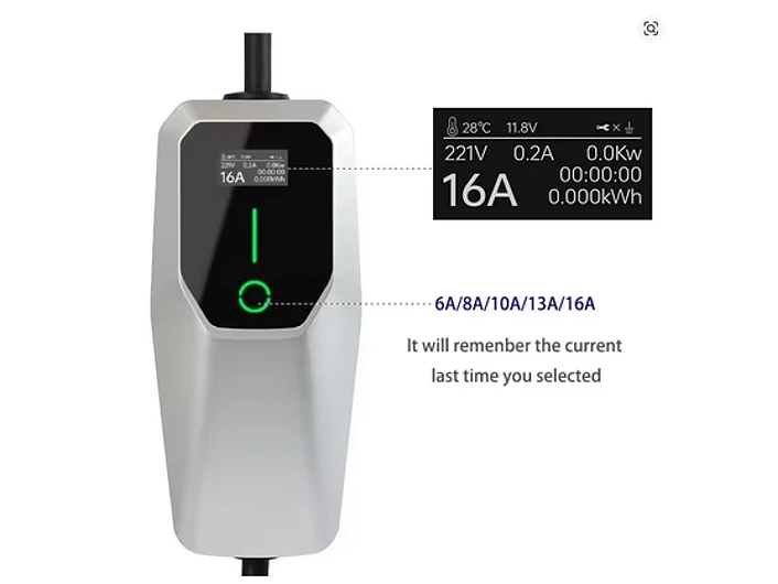Carregador Portátil 11 kW | 16A | 15 Metros | Ecrã LCD | Corrente Ajustável | Delay 5