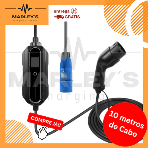 Carregador Portátil 7 kW | 32A | 10 Metros | Ecrã LCD | Saco Transporte