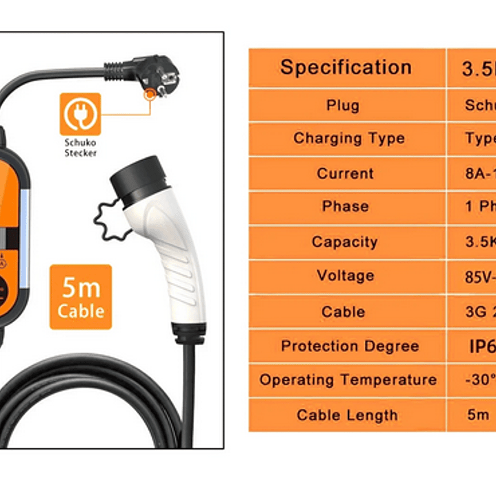 Carregador Portátil 3,5 kw - 16A - Bolsa Transporte - 5 METROS CABO 8