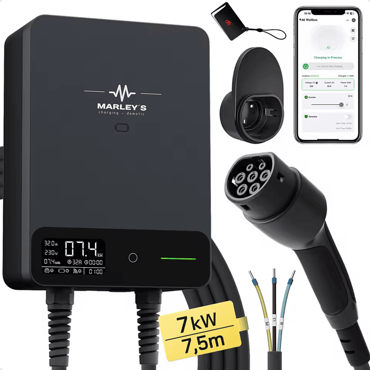 Wallbox Carregador Parede - 7 kw - 32 A - C/ APP WI-FI e Cartões - 7,5 METROS Cabo 2