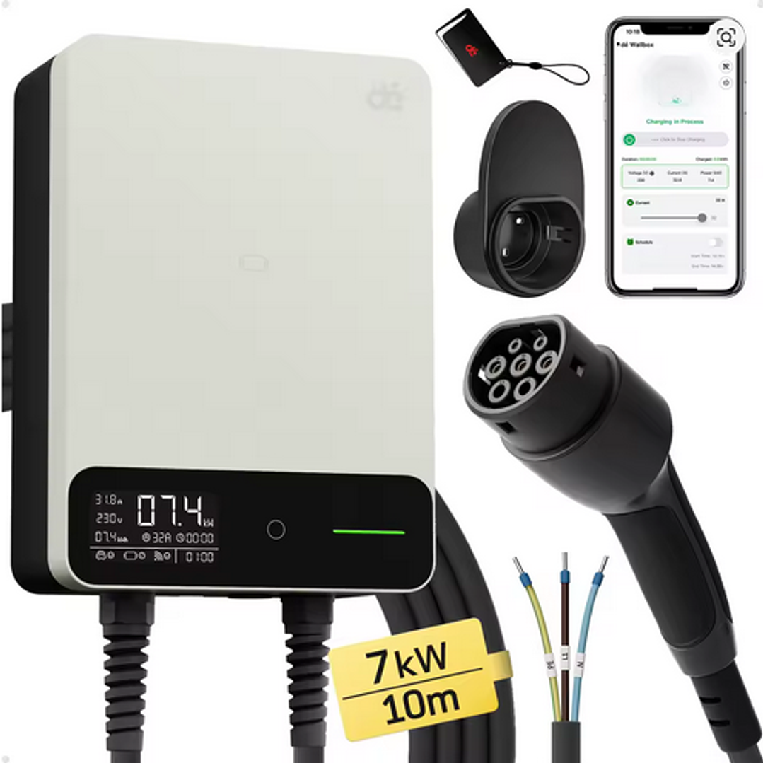 Wallbox Carregador Parede - 7 kw - 32 A - C/ APP WI-FI e Cartões - 7,5 ou 10 METROS Cabo 3
