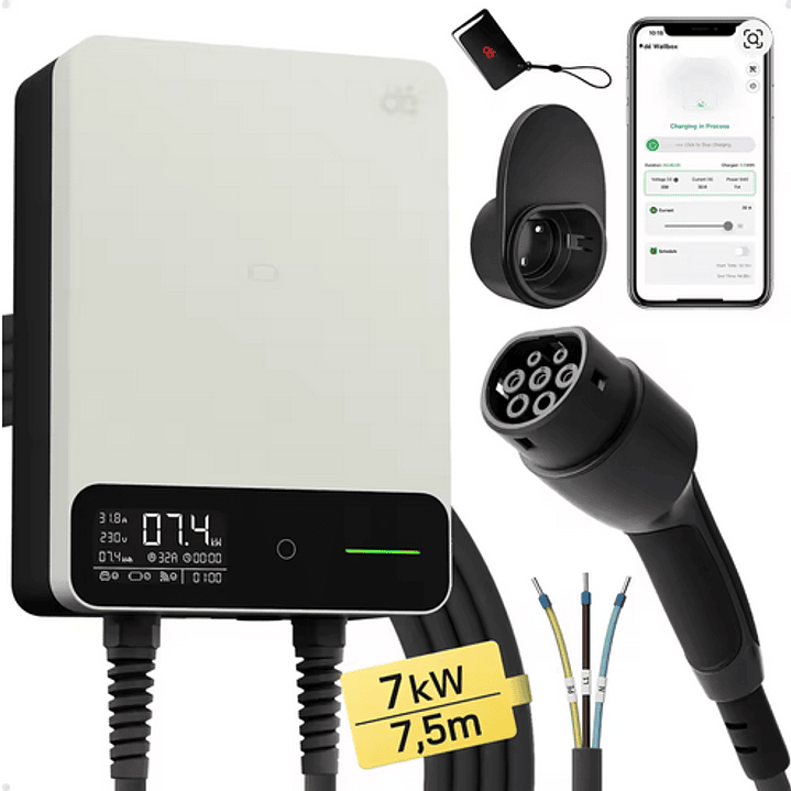 Wallbox Carregador Parede - 7 kw - 32 A - C/ APP WI-FI e Cartões - 7,5 ou 10 METROS Cabo 2