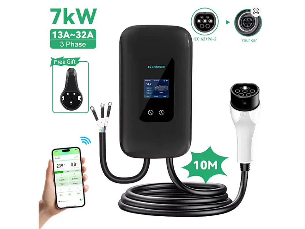 Wallbox 7 kW | 32A | Cabo 10m | App | RFID | Ecrã LCD 2