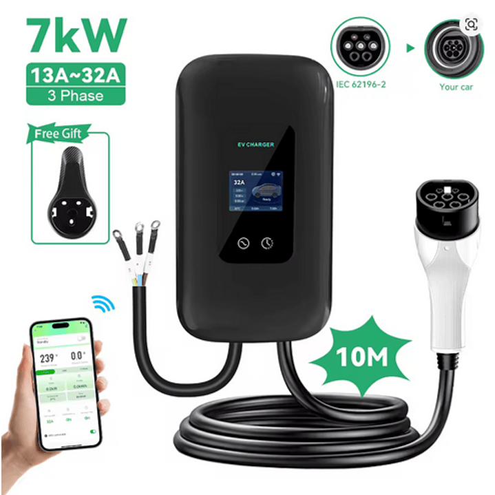 Wallbox Carregador Parede - 7 kw - 32 A - C/ APP WI-FI e Cartões - 10 METROS CABO 2