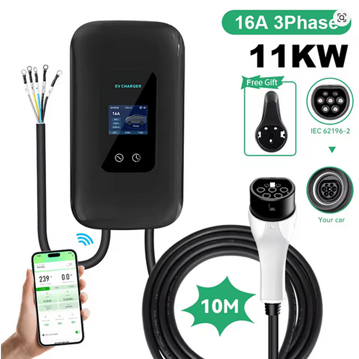 Wallbox Carregador Parede - 11 kw - 16 A - C/ WI-FI e Cartão RFID - 10 METROS Cabo 2