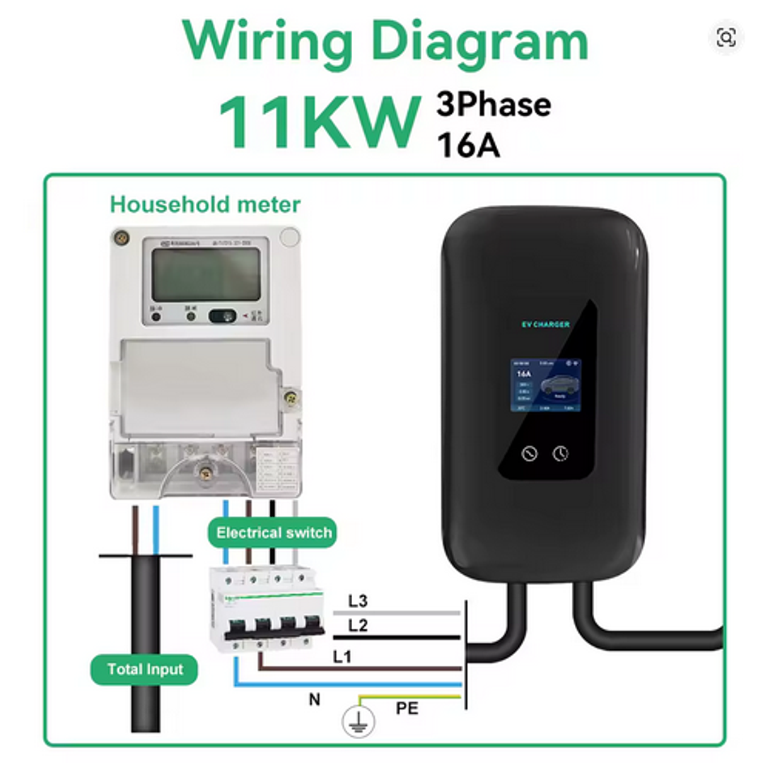 Wallbox Carregador Parede - 11 kw - 16 A - C/ WI-FI e Cartão RFID - 10 METROS Cabo 3