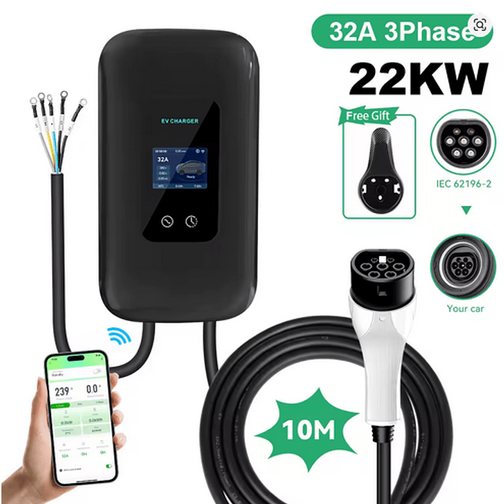 Wallbox Carregador Parede - 22 kw - 32 A - C/ WI-FI e Cartão RFID - 10 METROS Cabo 2