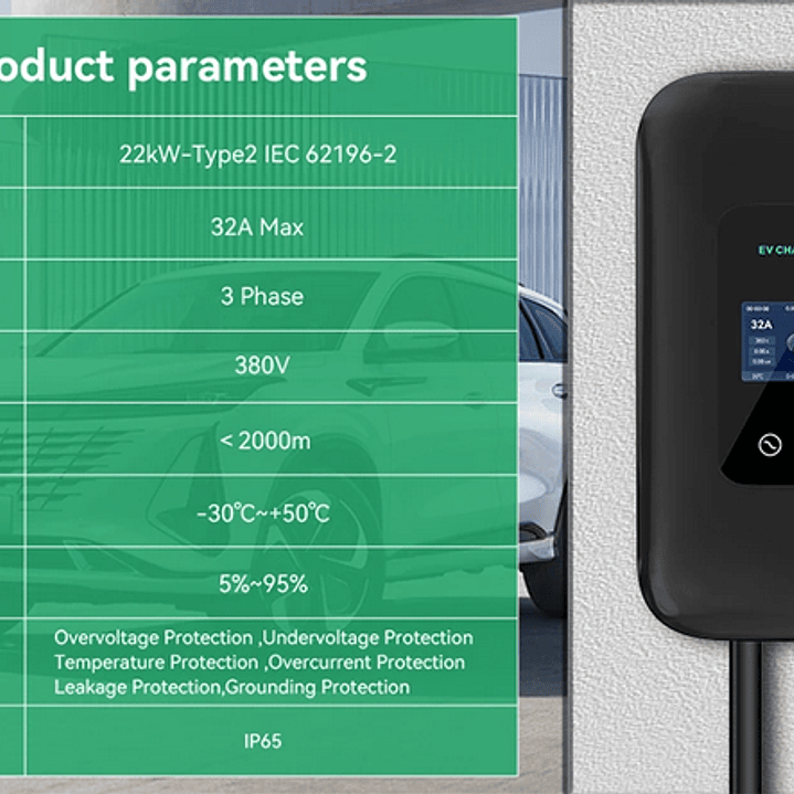 Wallbox Carregador Parede - 22 kw - 32 A - C/ WI-FI e Cartão RFID - 10 METROS Cabo 3
