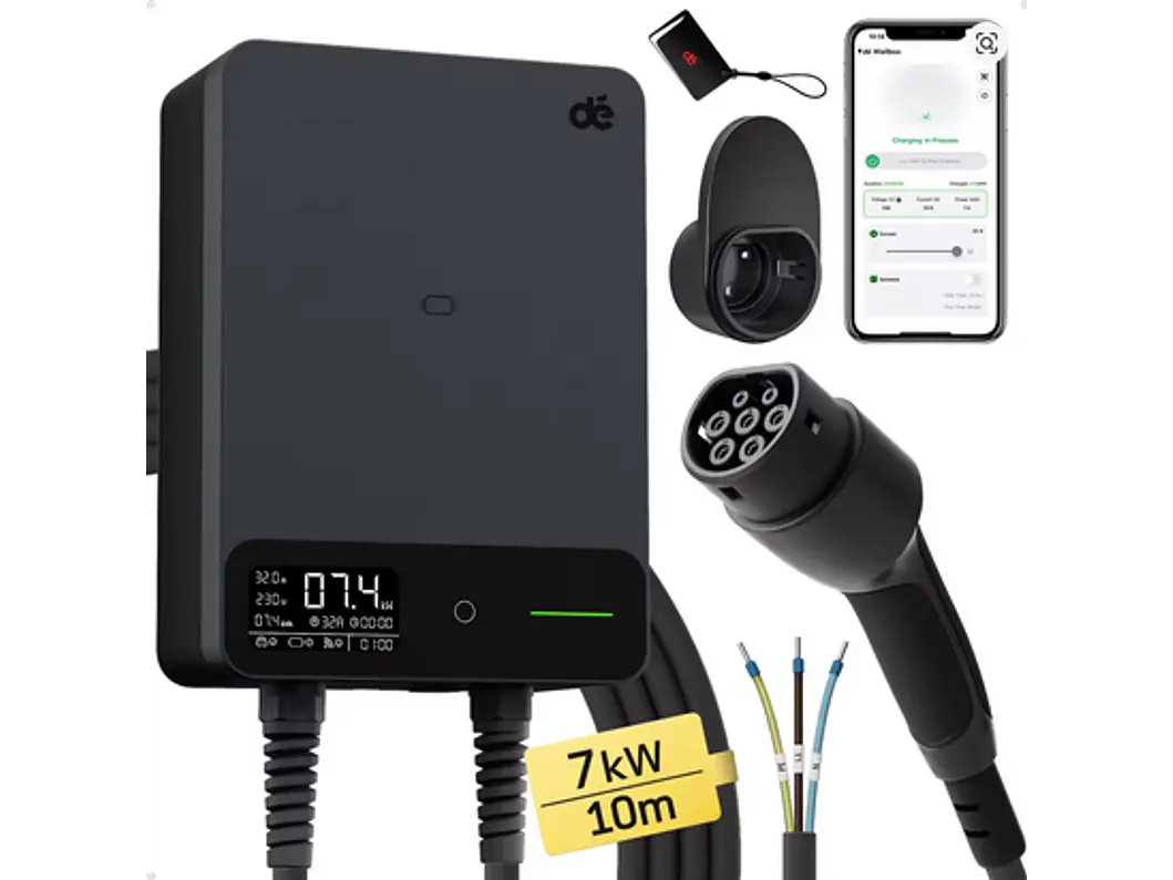 Wallbox 7 kW | 32A | Cabo 7,5m ou 10m | App Wi-Fi | RFID | Ecrã LCD 3