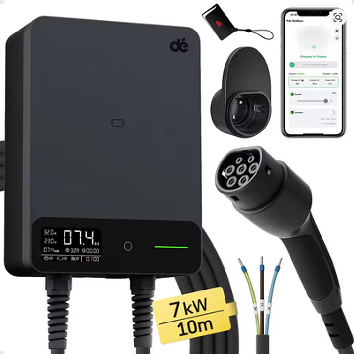 Wallbox 7 kW | 32A | Cabo 7,5m ou 10m | App | RFID | Ecrã LCD 3