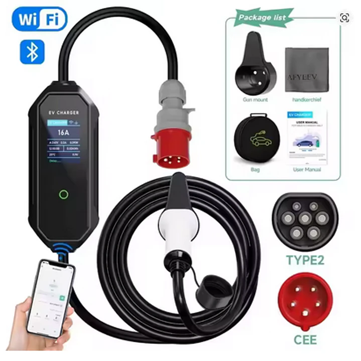 Carregador Portátil 11 kw - 16A -Tipo 2 - C/ APP WI-FI - 5 metros cabo 2