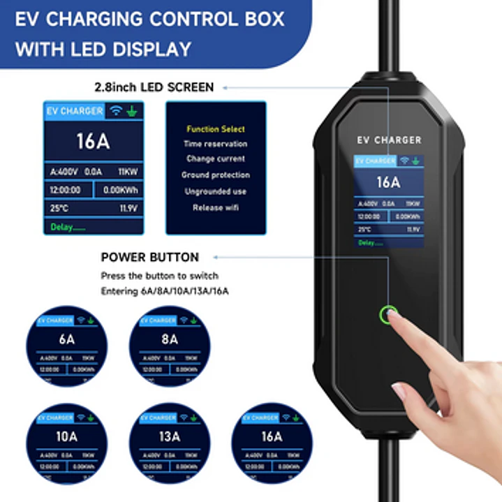 Carregador Portátil 11 kw - 16A -Tipo 2 - C/ APP WI-FI - 5 metros cabo 4