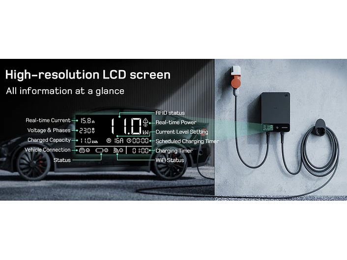 Wallbox 11 kW | 16A | Cabo 10m | App Wi-Fi | RFID | Ecrã LCD 12