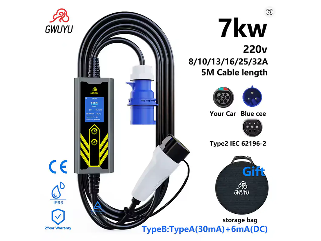 Carregador Portátil 7 kW | 32A | 5 Metros | Ecrã LCD | Saco Transporte 2
