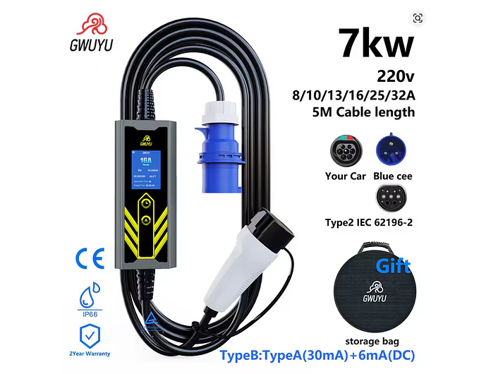 Carregador Portátil 7 kW | 32A | 5 Metros | Ecrã LCD | Saco Transporte 2