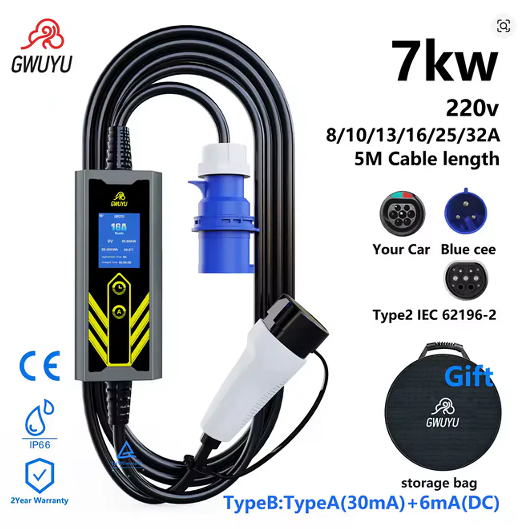 Carregador Portátil 7 kW | 32A | 5 Metros | Ecrã LCD | Saco Transporte 2