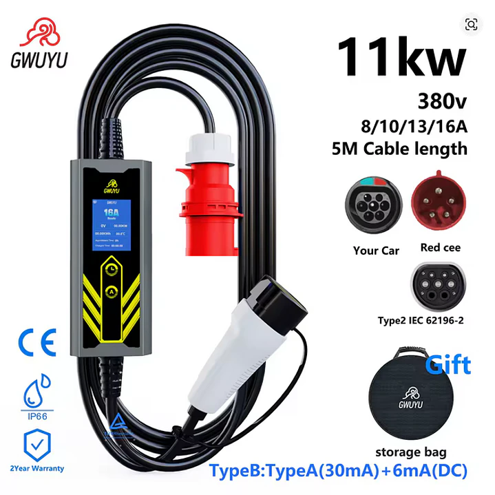 Carregador Portátil 11 kW | 16A | Tipo 2 | 5 Metros | Ecrã LCD | Saco de Transporte 2