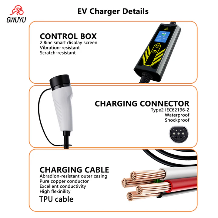 Carregador Portátil 11 kW | 16A | Tipo 2 | 5 Metros | Ecrã LCD | Saco de Transporte 17