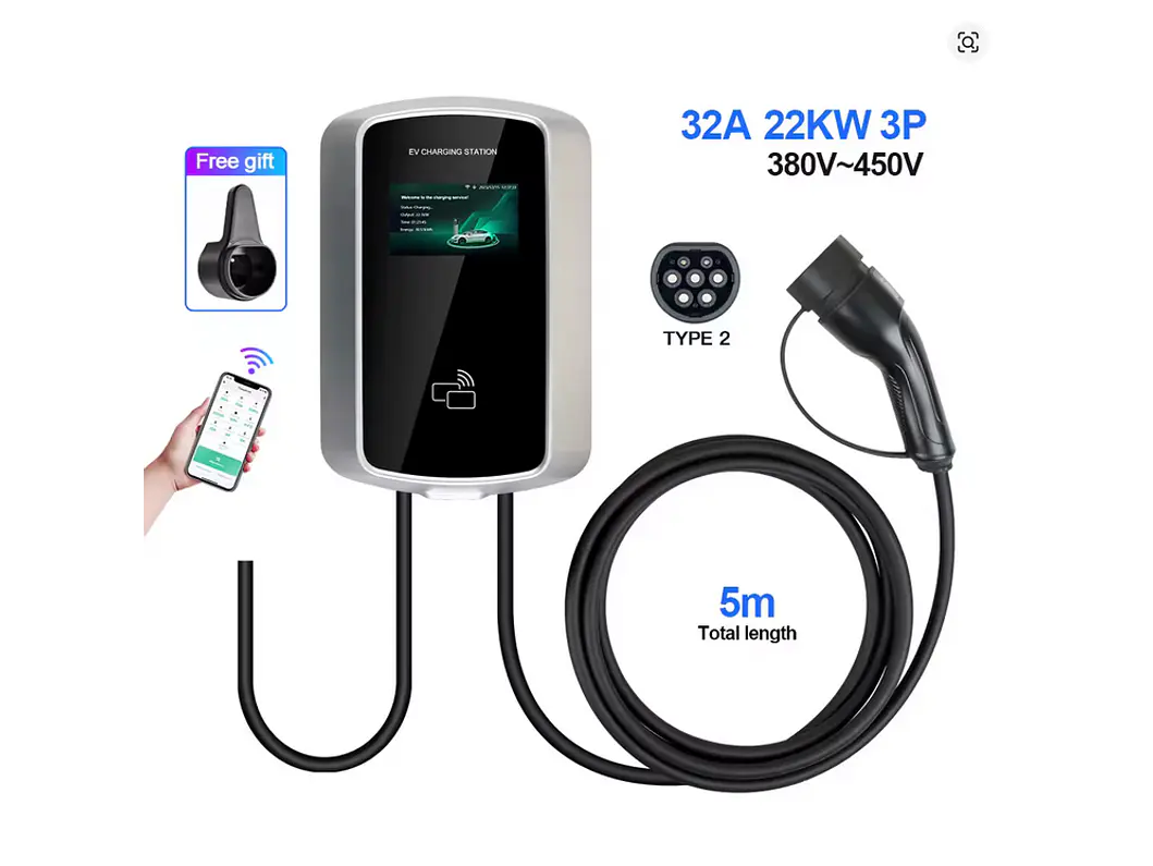 Wallbox 22 kW | 32A | Cabo 5m | App Wi-Fi | RFID | Ecrã LCD 2