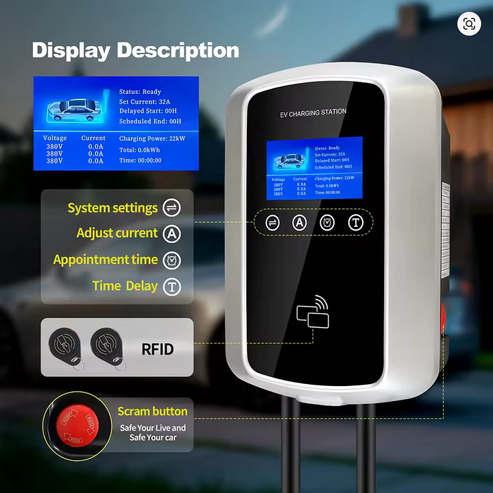 Wallbox 22 kW | 32A | Cabo 5m | App Wi-Fi | RFID | Ecrã LCD 11