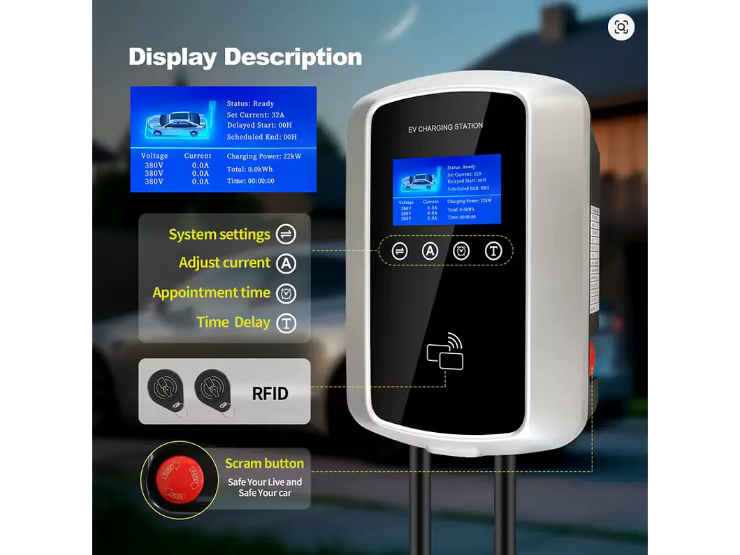 Wallbox 11 kW | 16A | Cabo 5m | App Wi-Fi | RFID | Ecrã LCD 18