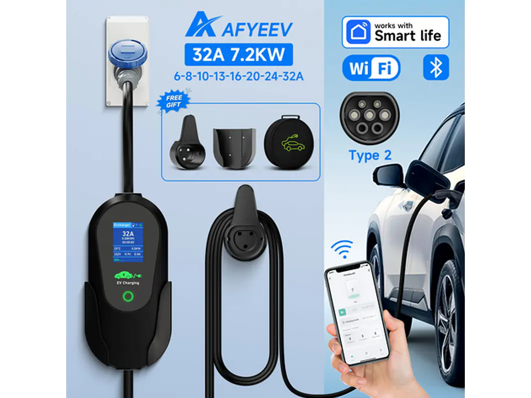 Carregador Portátil 7 kW | 32A | 10 Metros | App Wi-Fi | Ecrã LCD | Sup. Parede e Tomada 5