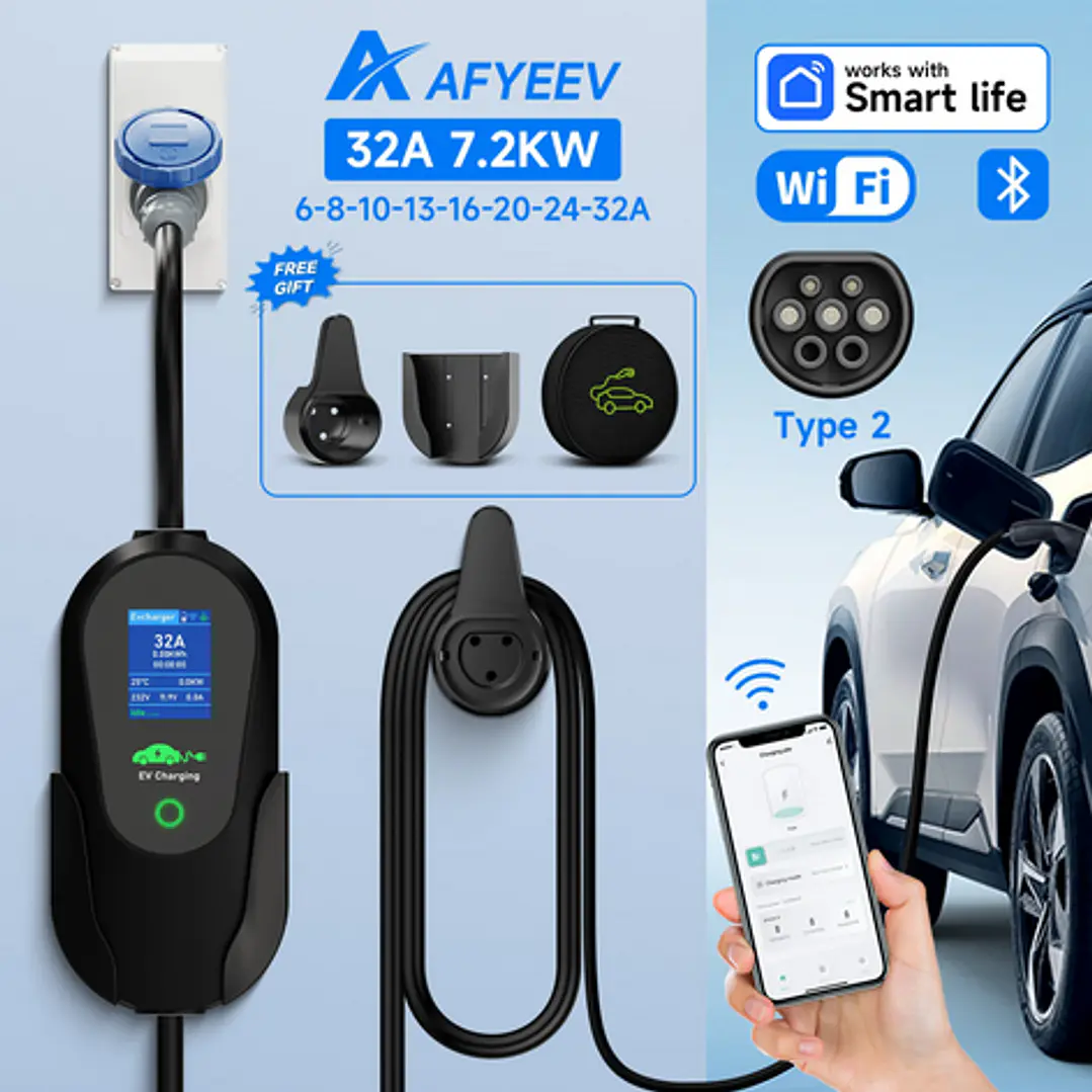 Carregador Portátil 7 kW | 32A | 10 Metros | App Wi-Fi | Ecrã LCD | Sup. Parede e Tomada 5