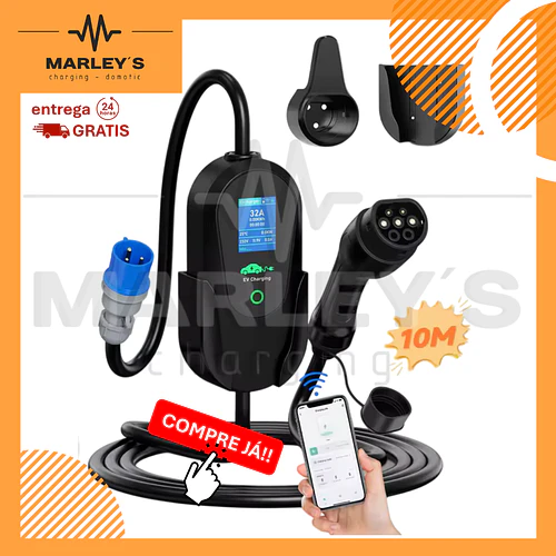 Carregador Portátil 7 kW | 32A | 10 Metros | App Wi-Fi | Ecrã LCD | Sup. Parede e Tomada