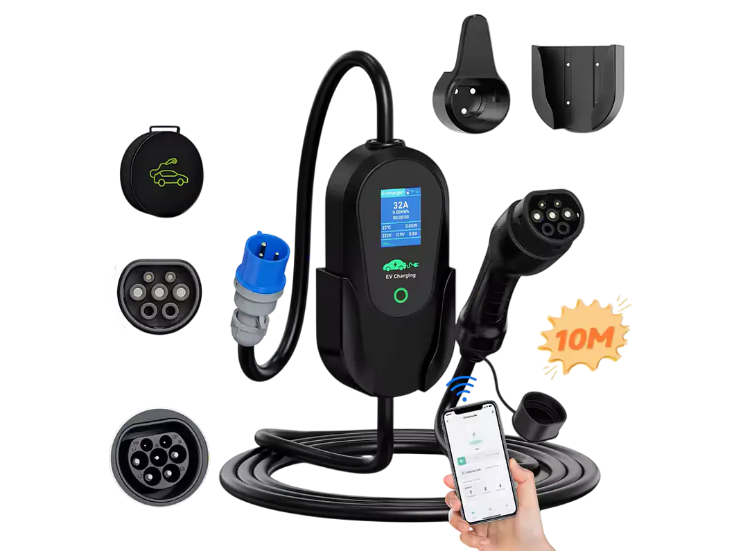 Carregador Portátil 7 kW | 32A | 10 Metros | App Wi-Fi | Ecrã LCD | Sup. Parede e Tomada 2