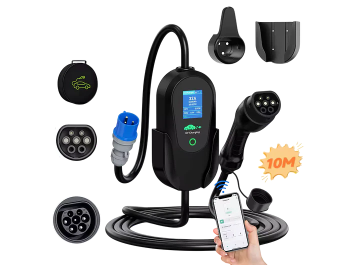 Carregador Portátil 7 kW | 32A | 10 Metros | App Wi-Fi | Ecrã LCD | Sup. Parede e Tomada 2