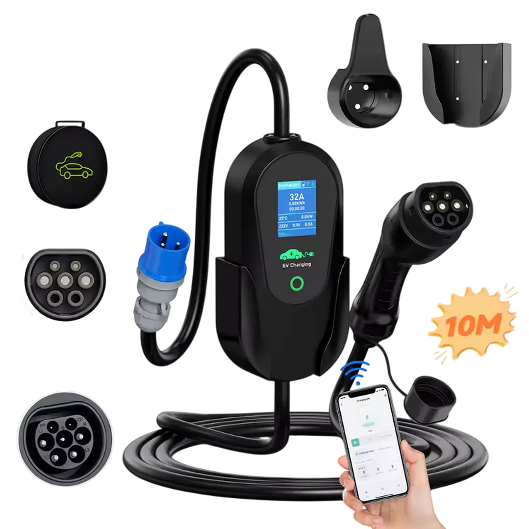 Carregador Portátil 7 kW | 32A | 10 Metros | App Wi-Fi | Ecrã LCD | Sup. Parede e Tomada 2