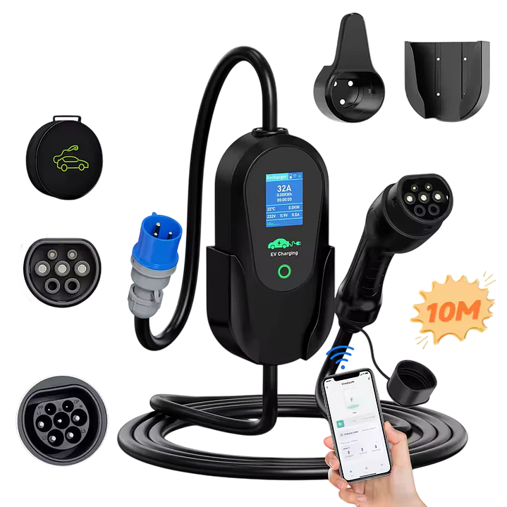 Carregador Portátil 7 kW | 32A | 10 Metros | App Wi-Fi | Ecrã LCD | Sup. Parede e Tomada 2