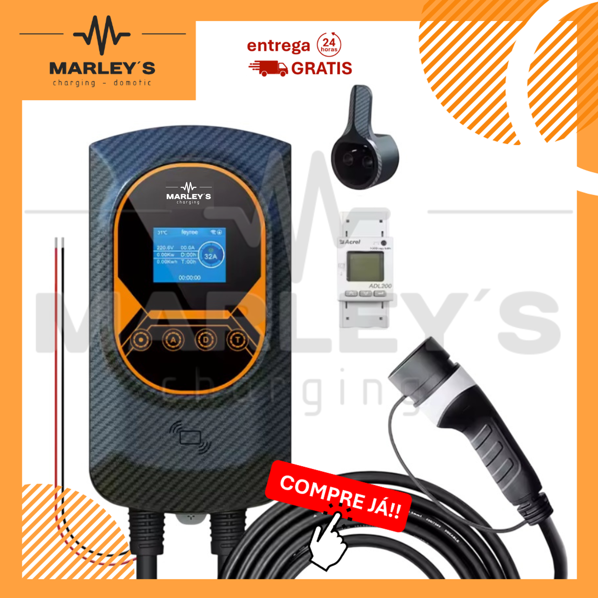 Wallbox 7 kW | 32A | Cabo 5 ou 10 m | App | RFID | Ecrã | DLB - Balanceamento Carga