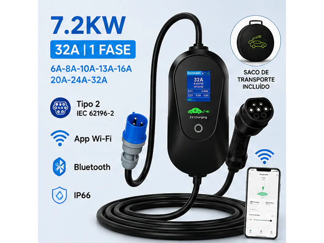 Carregador Portátil 7 kW | 32A | Cabo 5M | Wi-Fi | Ecrã LCD | Sup. Parede e Tomada | Saco 2