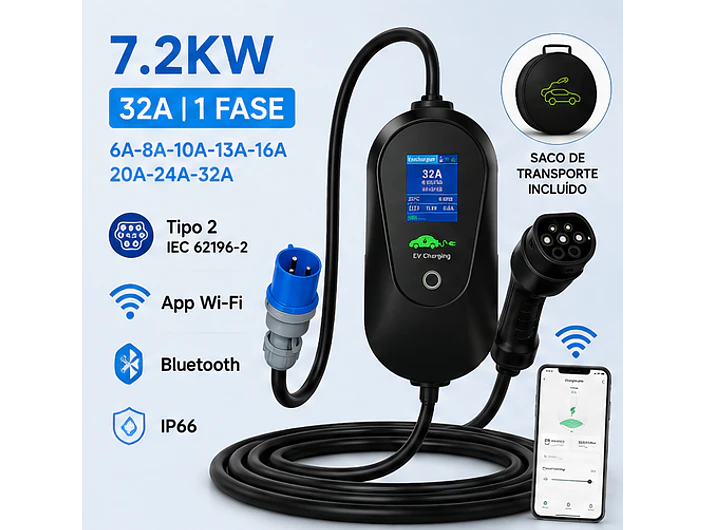 Carregador Portátil 7 kW | 32A | Cabo 5M | Wi-Fi | Ecrã LCD | Sup. Parede e Tomada | Saco 2