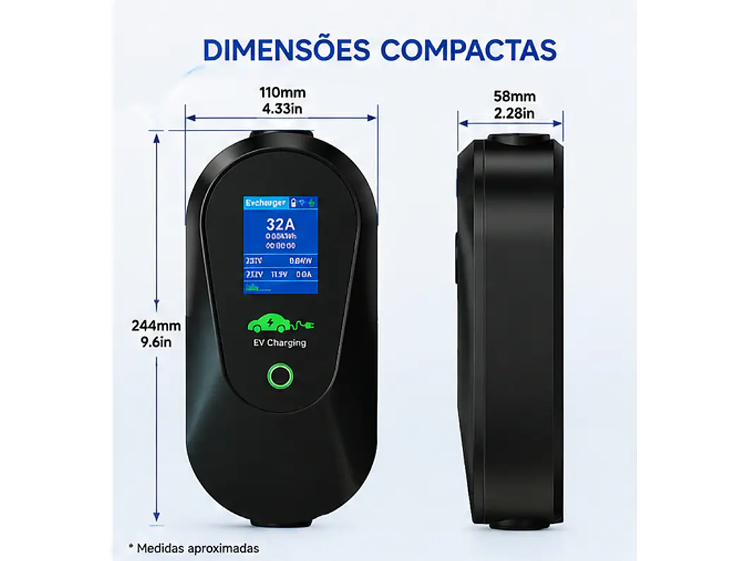 Carregador Portátil 7 kW | 32A | Cabo 5M | Wi-Fi | Ecrã LCD | Sup. Parede e Tomada | Saco 3