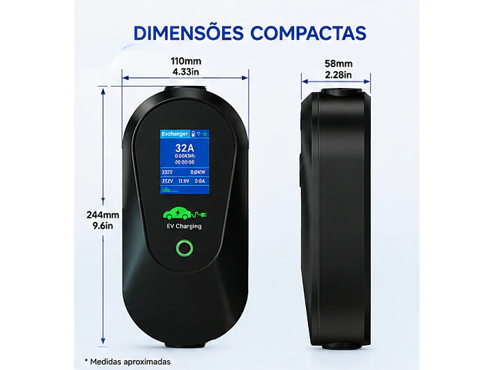 Carregador Portátil 7 kW | 32A | Cabo 5M | Wi-Fi | Ecrã LCD | Sup. Parede e Tomada | Saco 3